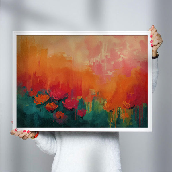 Bloom Through Fire – Abstract Floral City Wall Art with Vibrant
