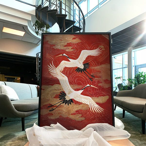 Crimson Sky [Best Seller] – Japanese Crane Landscape Gallery Wall