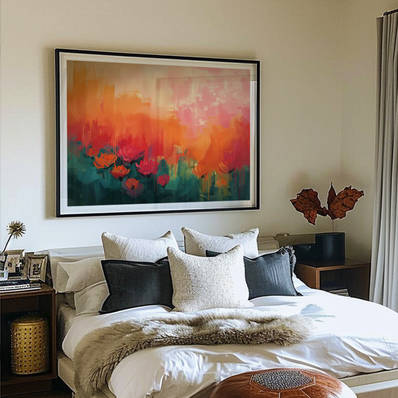 Bloom Through Fire – Abstract Floral City Wall Art with Vibrant