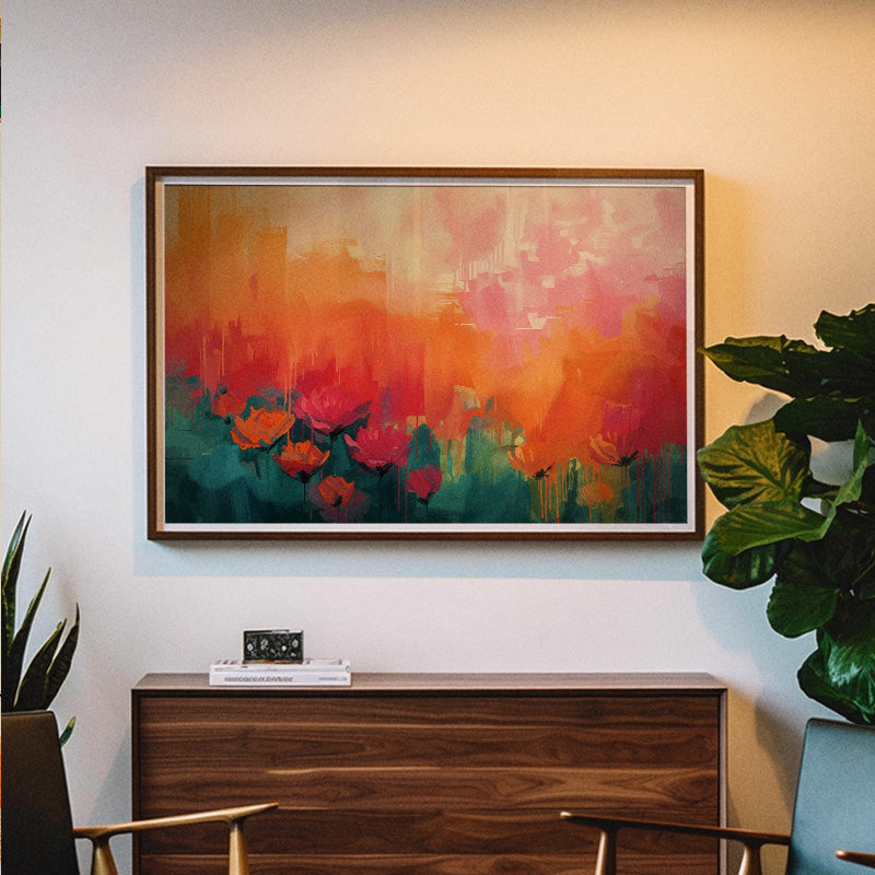 Bloom Through Fire – Abstract Floral City Wall Art with Vibrant