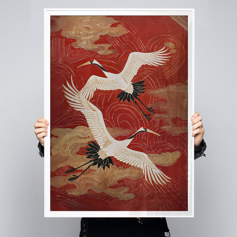 Crimson Sky [Best Seller] – Japanese Crane Landscape Gallery Wall