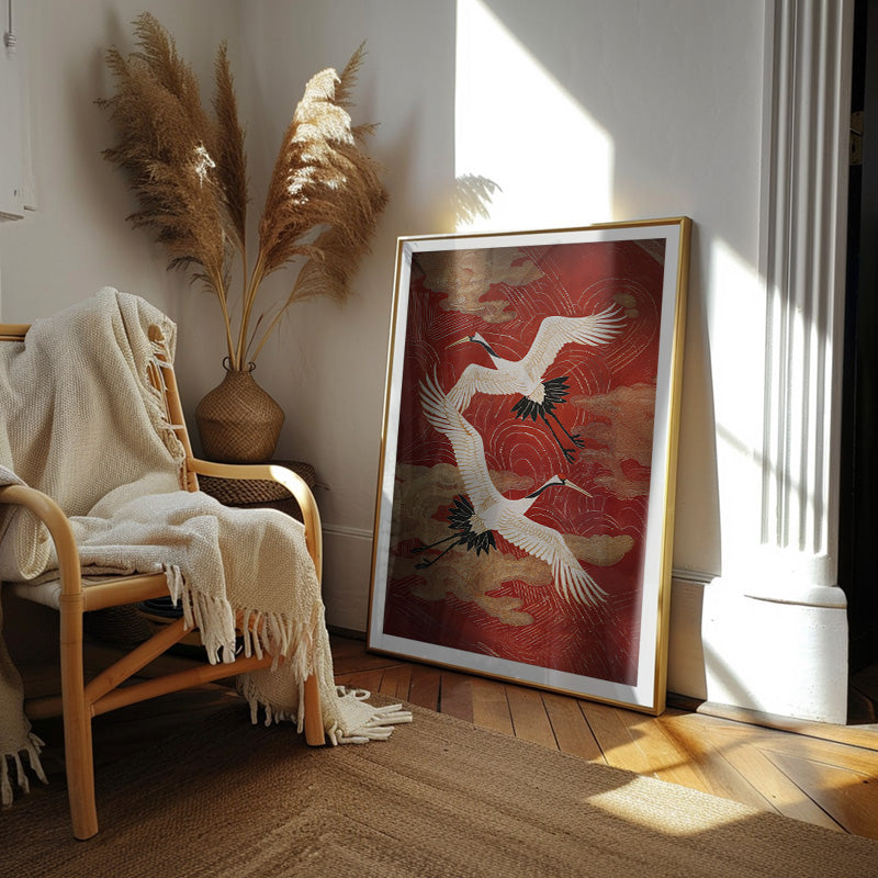 Crimson Sky [Best Seller] – Japanese Crane Landscape Gallery Wall