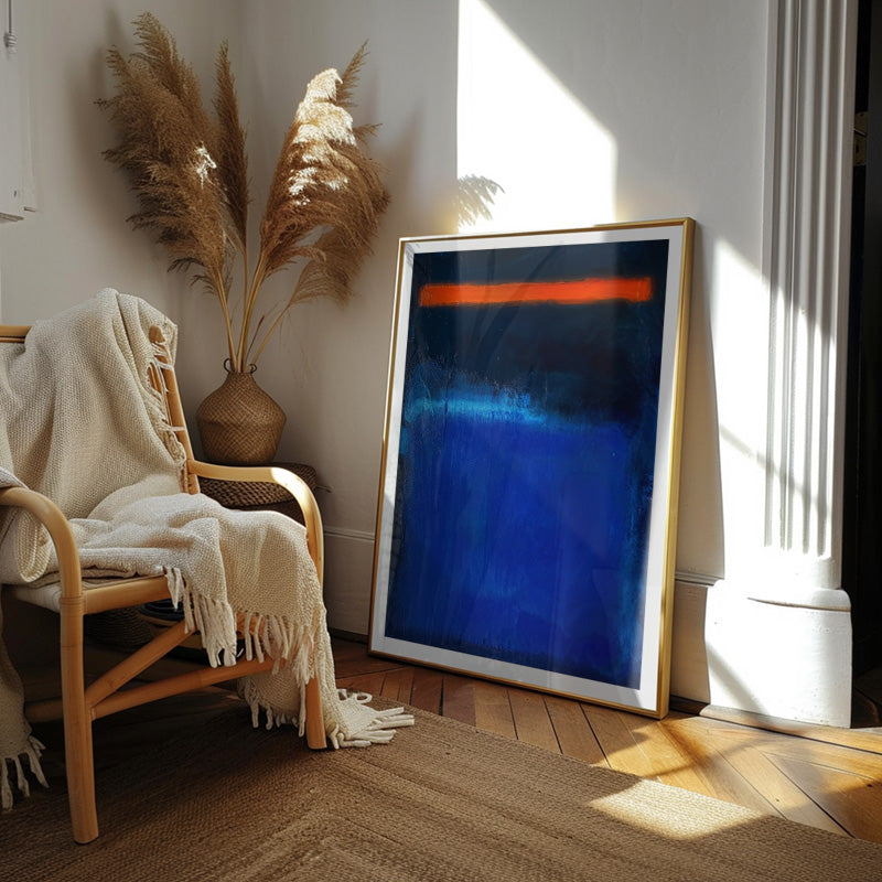 Electric Horizon – Abstract Blue Wall Art with Neon Orange Line