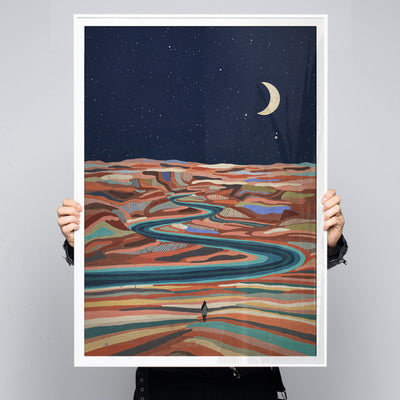 Moon River – Modern Landscape Illustration with Moon River and Figure ...