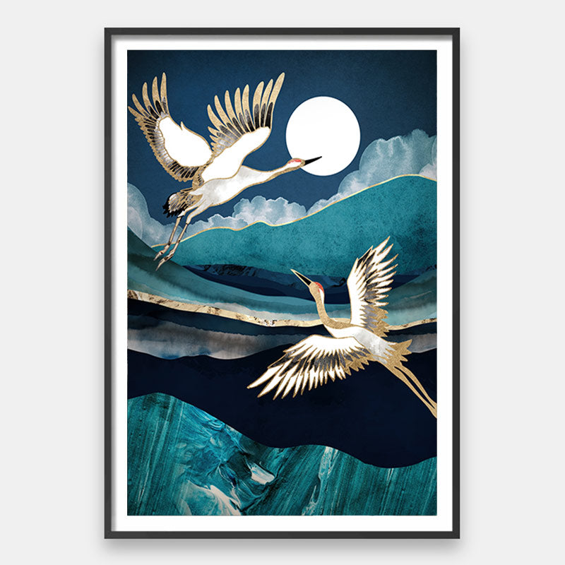 Midnight Cranes – Nature Landscape Art Print by SpaceFrog Designs